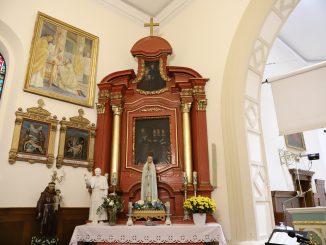 Ołtarz boczny w kościele w Gomulinie - pomalowany na brązowo - przed renowacją