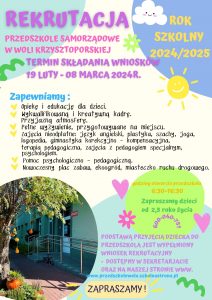 Plakat - rekrutacja do Przedszkola Samorządowego w Woli Krzysztoporskiej, kolorowe litery, na zdjęciu budynek przedszkola