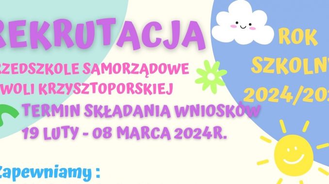 Plakat - rekrutacja do Przedszkola Samorządowego w Woli Krzysztoporskiej, kolorowe litery