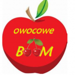 Logo Owocowe BOOM - napis na czerwonym jabłku